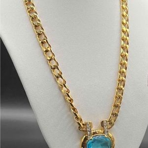 Monet Gold Toned Necklace Blue And Clear Rhyme stones Vintage  15” long